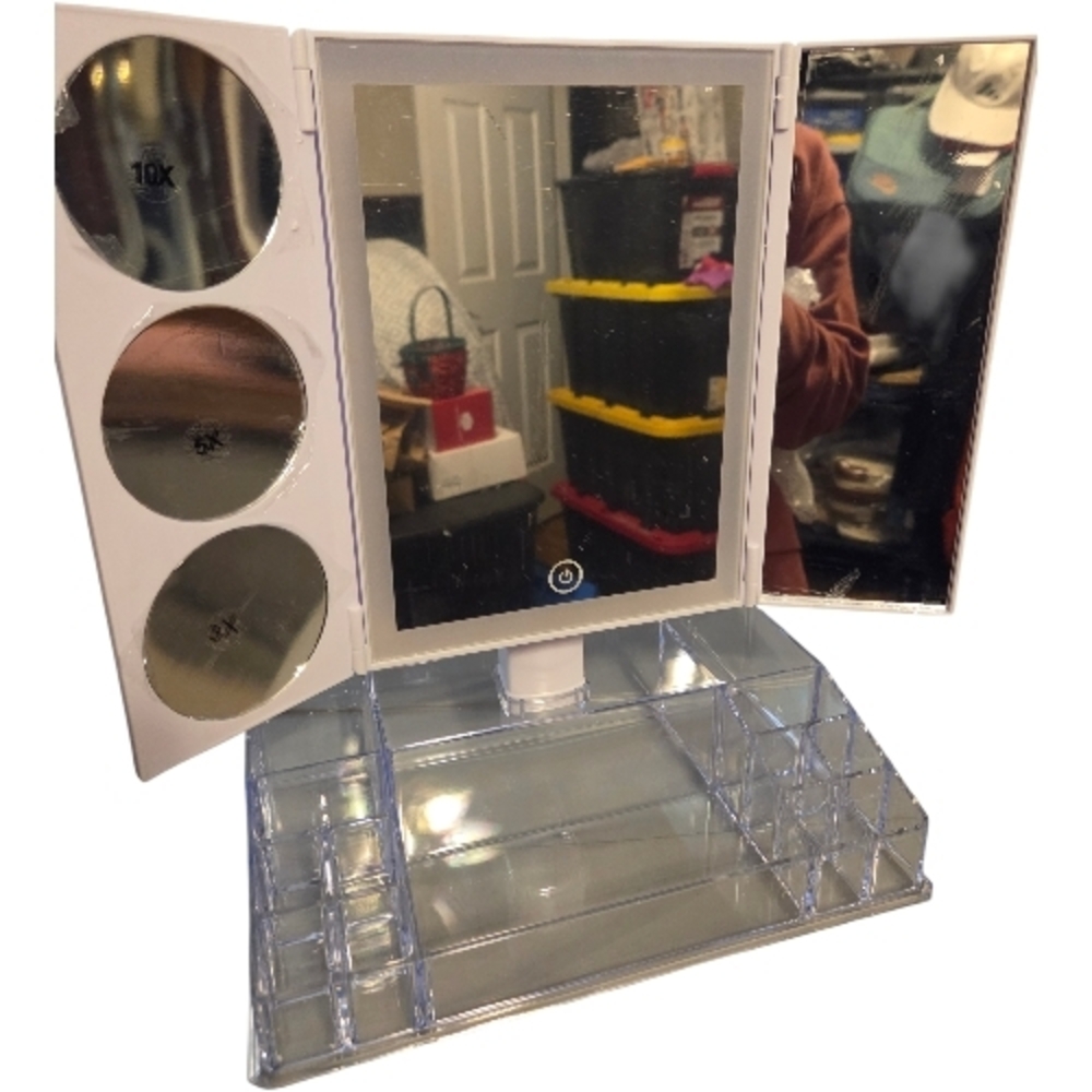 Tri-Fold Vanity Mirror with Storage - White